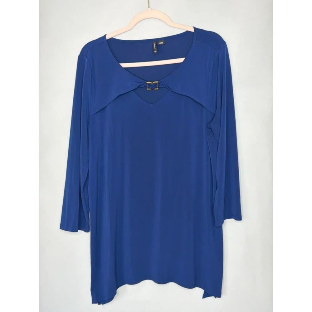 New Directions Women's Royal Blue V-Neck Buckle Detail Long Sleeve Top Large